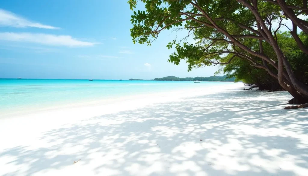 White sand beach at Mantigue Island Philippines with clear turquoise waters and shady trees White sand beach at Mantigue Island Philippines with clear turquoise waters and shady trees