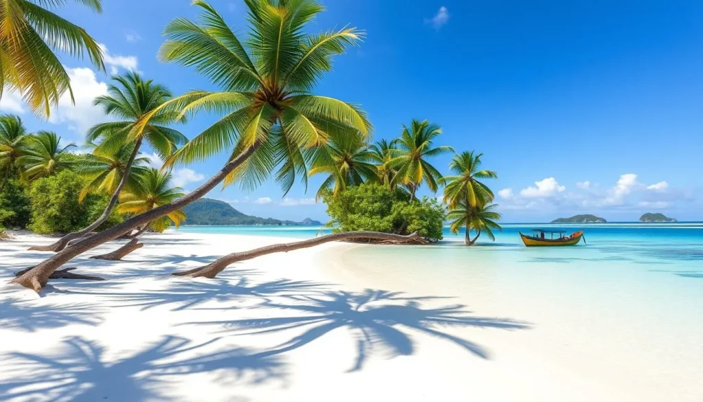 White sand beach with palm trees on a small island near Busuanga with turquoise waters