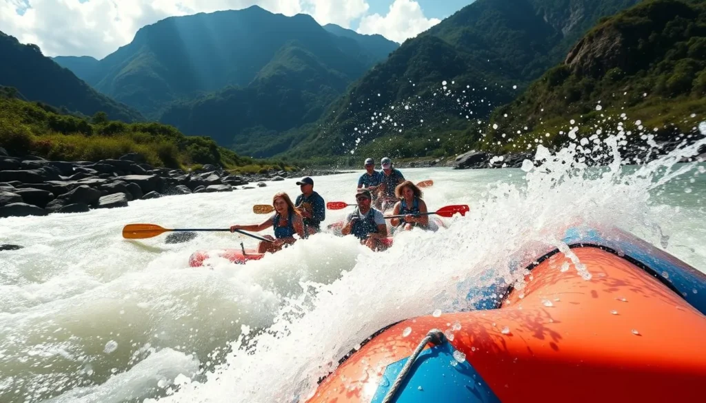 White water rafting adventure on the Chico River, Philippines with rapids and mountain scenery White water rafting adventure on the Chico River, Philippines with rapids and mountain scenery