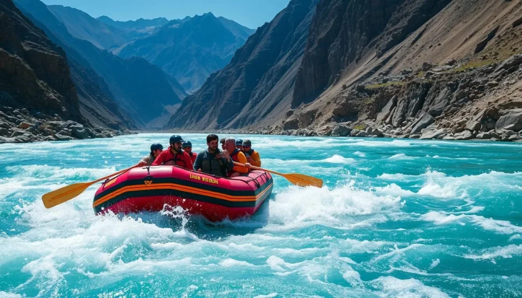 White-water rafting on the Indus River in Gilgit-Baltistan with mountain backdrop White-water rafting on the Indus River in Gilgit-Baltistan with mountain backdrop