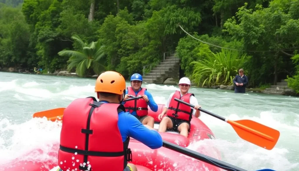 White water rafting on the Mayo River with rapids and lush surroundings