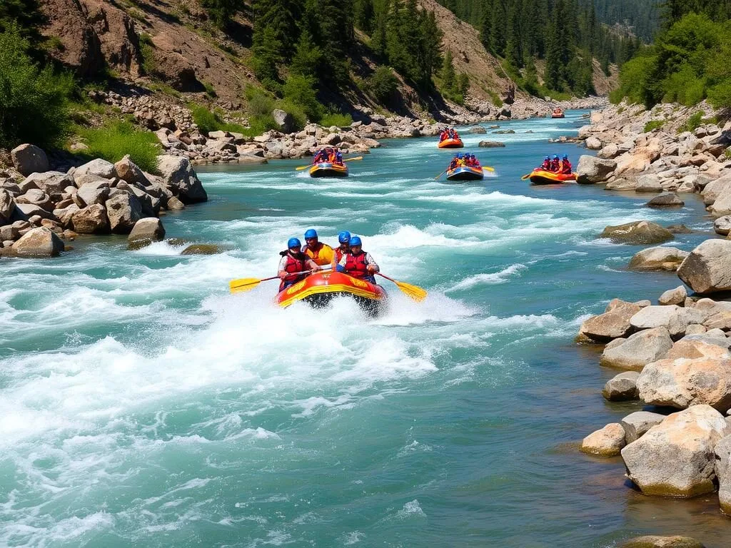 White-water rafting on the rushing Lidder River surrounded by mountains in Pahalgam