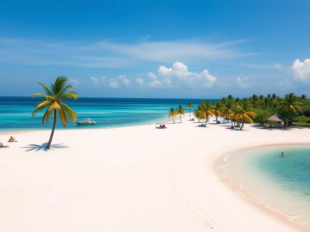 Wide expanse of Sugar Beach with palm trees and beachgoers Wide expanse of Sugar Beach with palm trees and beachgoers
