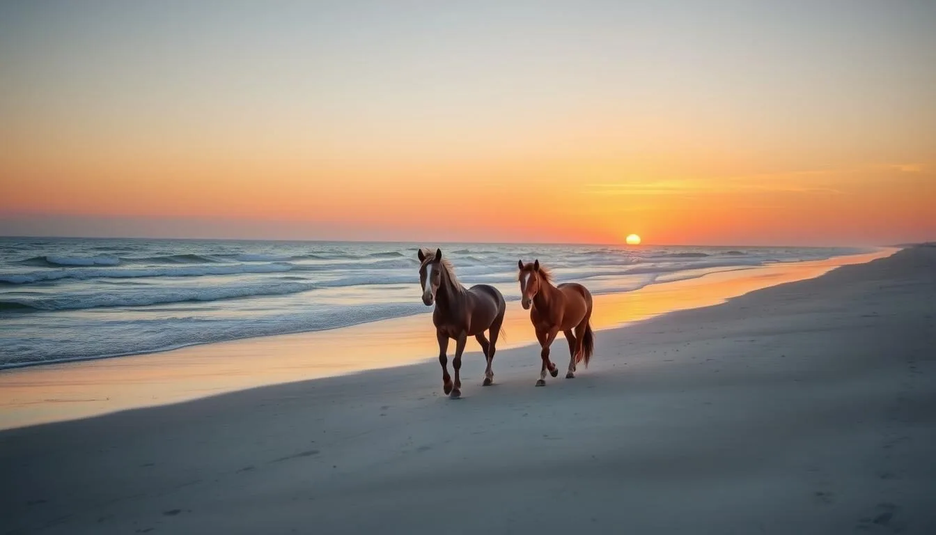 Wild horses roaming freely on Assateague Island Maryland beach at sunset