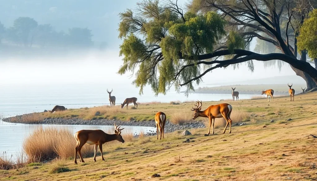 Wildlife at Folsom Lake showing deer grazing near the shoreline with oak trees in background Wildlife at Folsom Lake showing deer grazing near the shoreline with oak trees in background