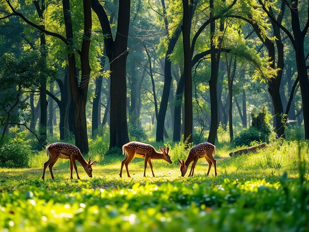 Wildlife in Kaptai National Park showing deer grazing in a forest clearing Wildlife in Kaptai National Park showing deer grazing in a forest clearing