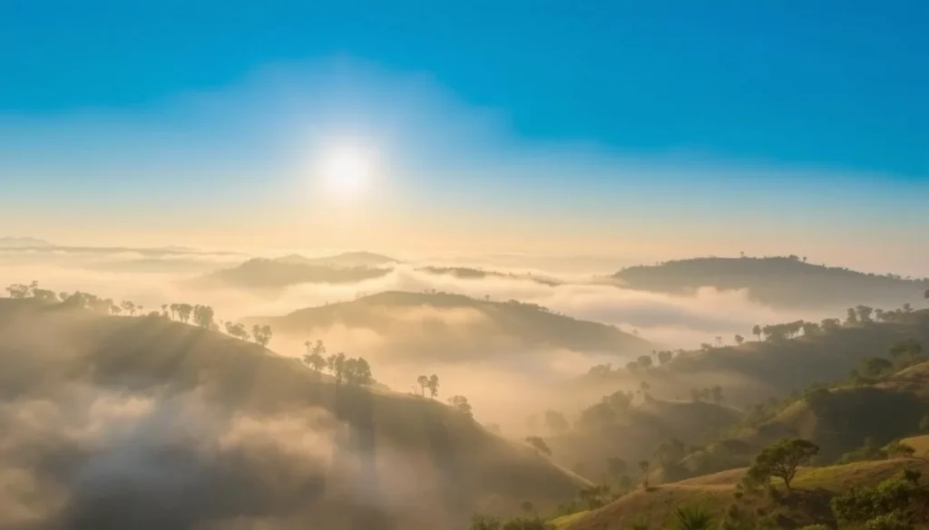 Winter morning in Bandarban with mist covering the hills and clear blue skies