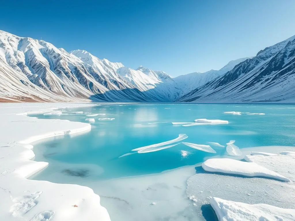 Winter scene at Attabad Lake with partially frozen waters
