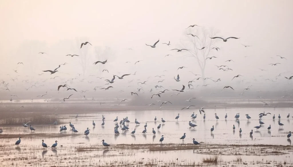 Winter scene at Keoladeo National Park in Bharatpur showing migratory birds in the wetlands Winter scene at Keoladeo National Park in Bharatpur showing migratory birds in the wetlands