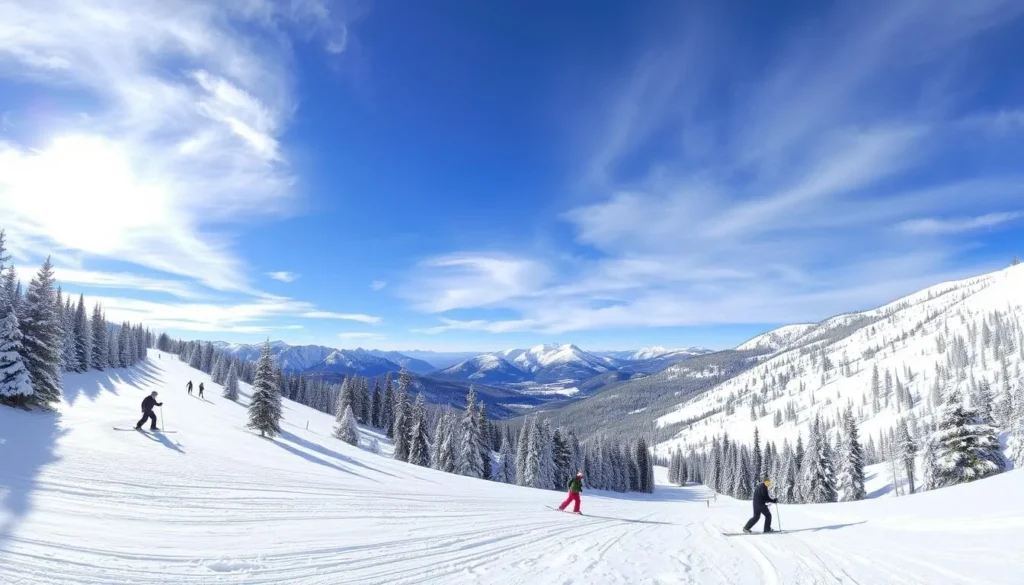 Winter scene at Sunlight Mountain showing perfect powder skiing conditions