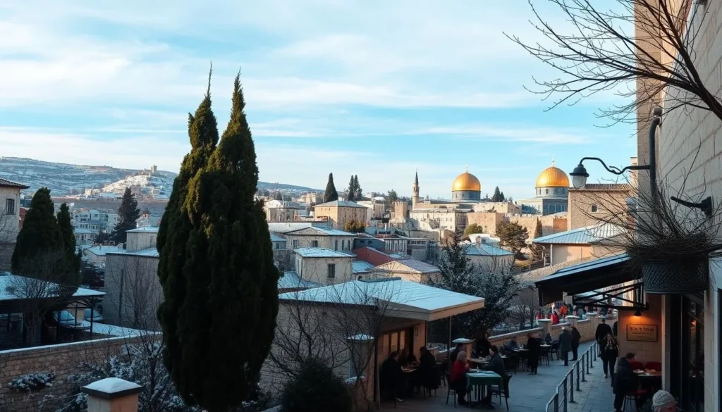 Wintry Jerusalem, with the historic Old City's timeless silhouette nestled amid rolling hills, a light dusting of snow capping the ancient stone buildings and cypress trees. A crisp, clear day with soft, diffused sunlight casting long shadows across the winding alleyways and cobblestone streets. In the foreground, a cozy cafe terrace filled with locals sipping warm drinks, while in the distance, the iconic golden Dome of the Rock shines brightly against the azure sky. Capture the serene, enchanting atmosphere of this enchanting, centuries-old city during the peaceful winter months.