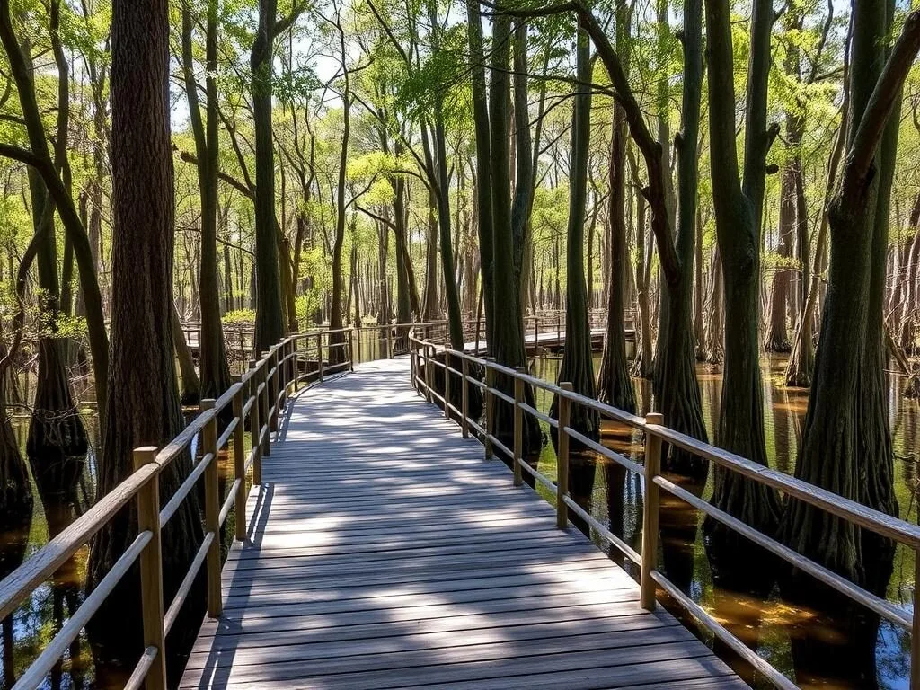 Wooden boardwalk trail through cypress swamp at Reelfoot Lake State Park