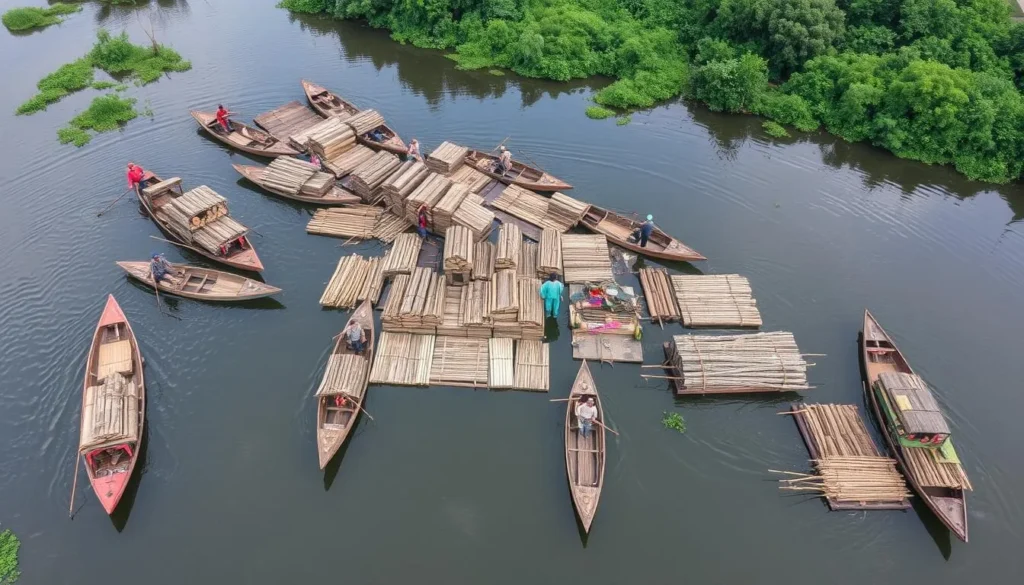 Workers at the floating timber market processing wood on boats