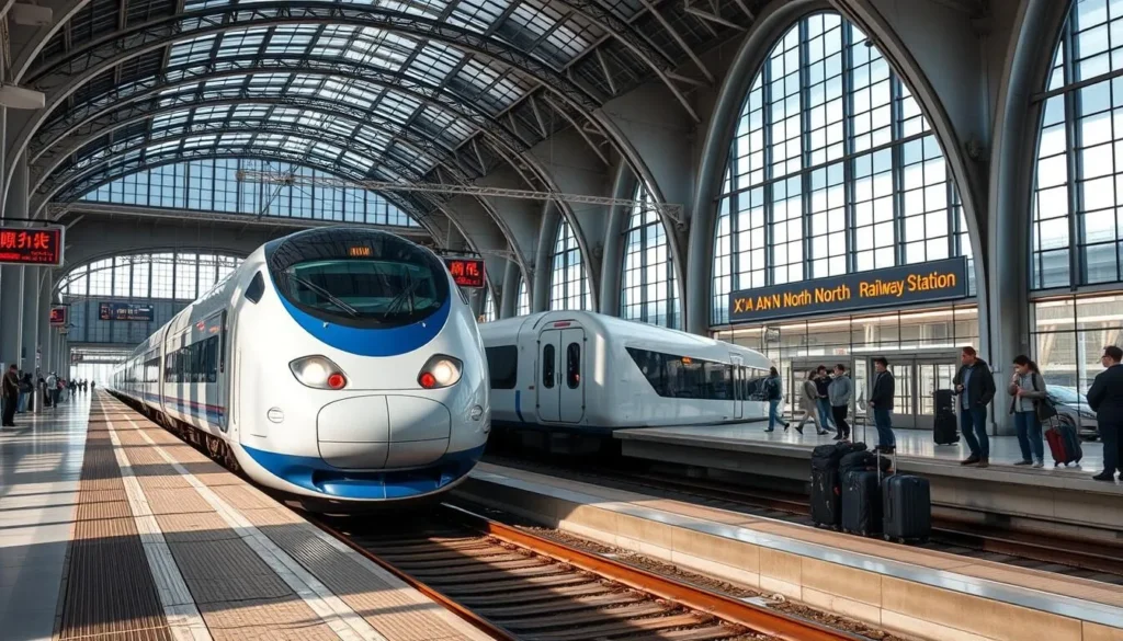 Xi'An high-speed train arriving at the modern Xi'An North Railway Station