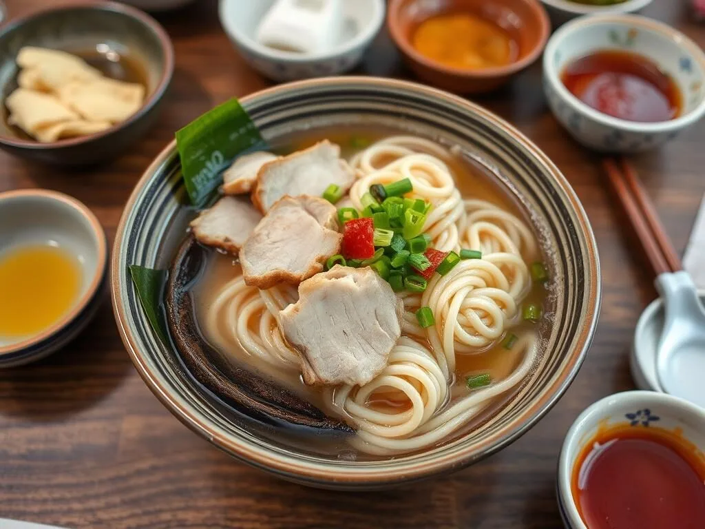 Yaeyama soba noodles in broth with pork and local toppings Yaeyama soba noodles in broth with pork and local toppings