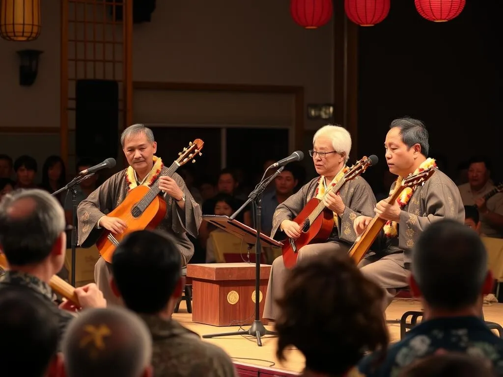 Yaeyama traditional music performance with sanshin instruments on Ishigaki Island Yaeyama traditional music performance with sanshin instruments on Ishigaki Island