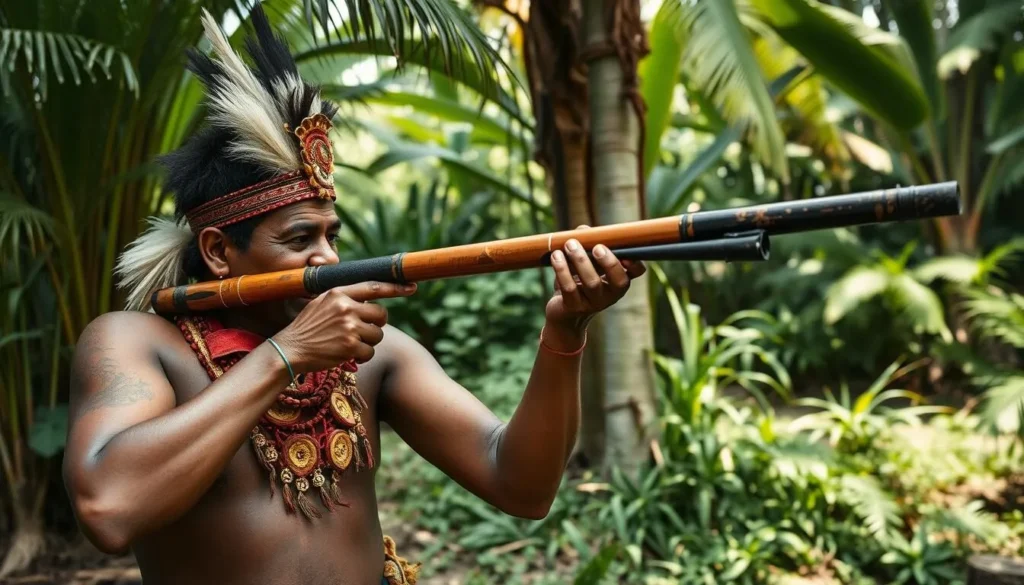 Yagua tribe member demonstrating blowgun skills