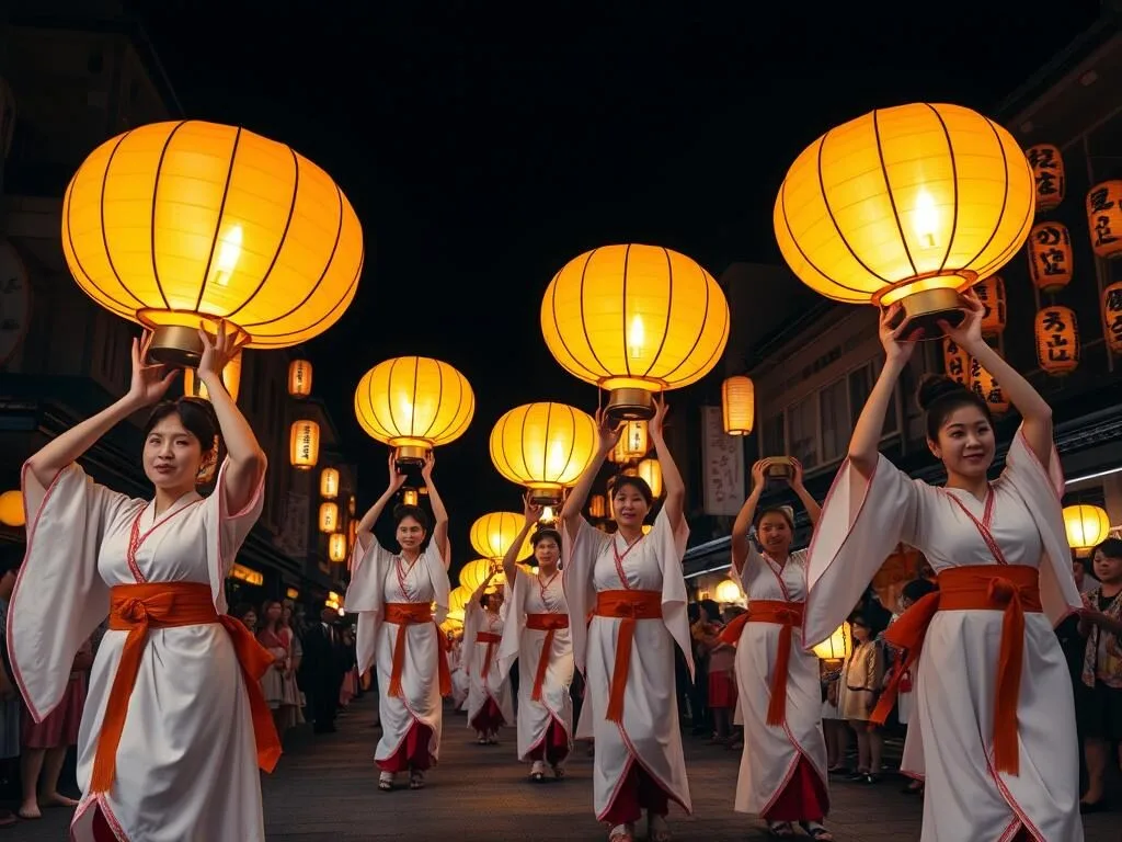Yamaga Toro Matsuri (Lantern Festival) showing women in traditional white kimono performing the elegant Toro dance with lanterns on their heads Yamaga Toro Matsuri (Lantern Festival) showing women in traditional white kimono performing the elegant Toro dance with lanterns on their heads