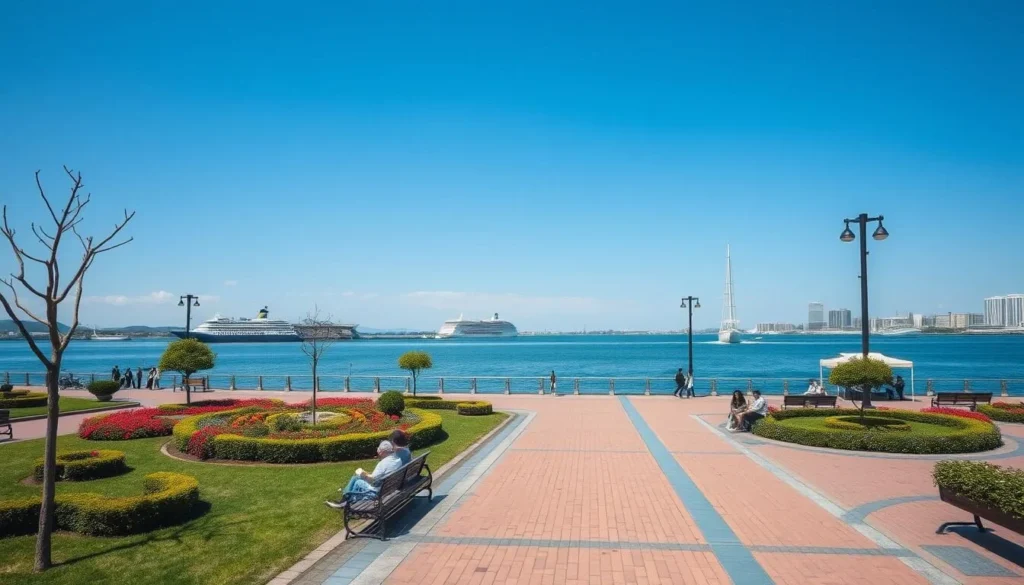 Yamashita Park in Yokohama with waterfront promenade, gardens, and view of the bay on a sunny day