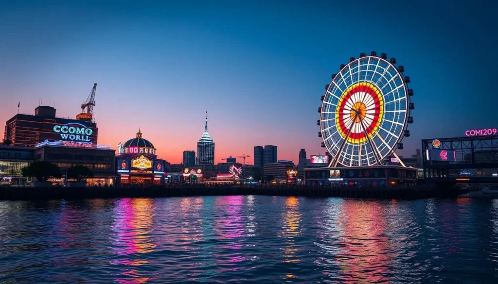 Yokohama Cosmo World amusement park with the iconic Cosmo Clock 21 Ferris wheel illuminated at dusk