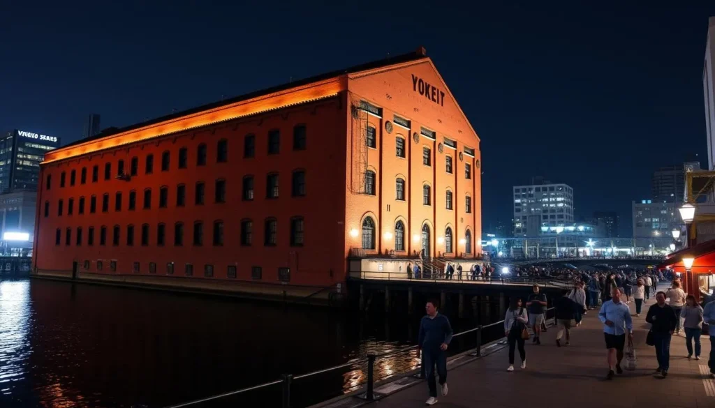 Yokohama Red Brick Warehouse illuminated at night with reflection on the water and people walking along the waterfront