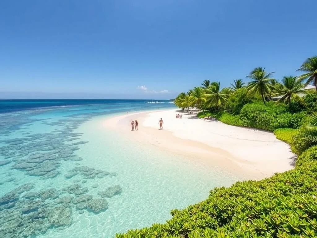 Yonehara Beach on Ishigaki Island with white sand and coral reef visible in clear water Yonehara Beach on Ishigaki Island with white sand and coral reef visible in clear water