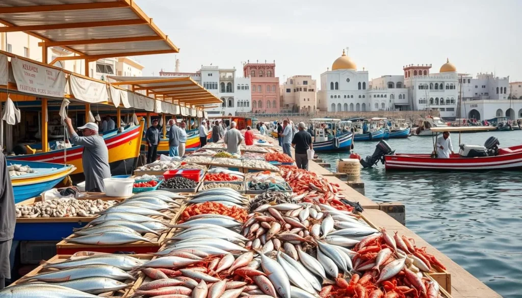 a bustling fish market in kuwait city, with rows of fresh seafood displayed on wooden stalls under the warm glow of the midday sun. brightly colored fishing boats line the docks, their hulls reflecting on the calm waters of the persian gulf. in the foreground, local fishermen and merchants haggle and barter, the air filled with the sounds of lively negotiations and the salty scent of the sea. the middle ground features a diverse array of marine life, from glistening silvery fish to vibrant crustaceans, all neatly arranged for the discerning buyers. in the background, the distinct architecture of the city's traditional buildings creates a picturesque backdrop, their white walls and ornate details standing in contrast to the bustling activity of the market.
