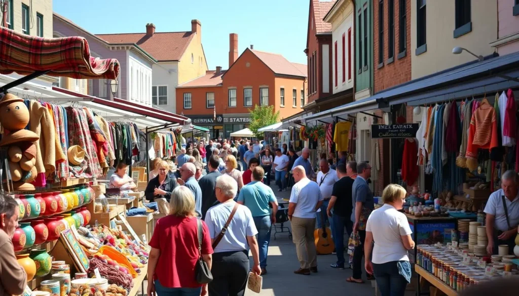 a bustling outdoor marketplace in the heart of Devon, Alberta, showcasing a variety of local vendors and artisans selling their handcrafted goods. The scene is bathed in warm sunlight, with vibrant stalls lining the streets, displaying an array of colorful textiles, pottery, and artisanal food items. In the foreground, customers browse through the selection, interacting with the friendly shopkeepers. In the middle ground, a group of musicians perform live music, adding to the lively atmosphere. The background features the quaint, historic buildings of Devon, creating a charming and inviting setting for this local shopping experience.