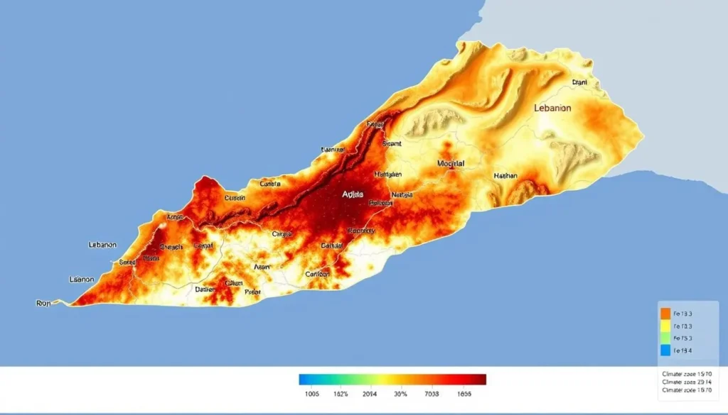 a detailed climate map of Lebanon, depicting the country's diverse regional weather patterns. The map should show the different climate zones, ranging from the Mediterranean coastal areas to the mountainous interior regions, with clear delineations of temperature, precipitation, and other key climate indicators. The map should be rendered in a visually appealing, informative style, with a clean, modern aesthetic. Subtle textures and shading should be used to convey the varying topography and climate characteristics across the country. The overall impression should be one of a comprehensive, yet aesthetically pleasing, representation of Lebanon's complex and varied climate.