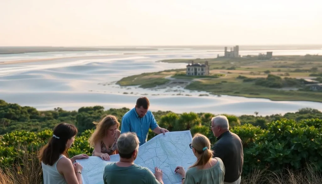 a picturesque landscape depicting the planning of a visit to Cumberland Island, Georgia. In the foreground, a group of people gather around a detailed map, discussing their itinerary and pointing out various landmarks. The middle ground features a scene of the island's stunning beaches, with rolling dunes and lush, verdant vegetation. In the background, the iconic historical structures of Cumberland Island, such as the Carnegie mansion and the ruins of the Dungeness estate, stand majestically against a warm, golden sky. The overall mood is one of excitement and anticipation, with a sense of adventure and discovery. The lighting is soft and natural, creating a serene and inviting atmosphere. The scene is captured from a slightly elevated angle, providing a panoramic view of the planning process and the island's breathtaking landscape.