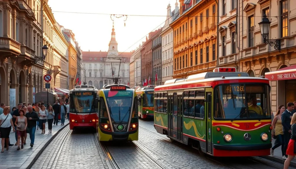 a serene Prague street scene during a lively festival, with colorful trams and buses transporting passengers through the historic city center. The cobblestone road is flanked by ornate buildings, their facades adorned with intricate architectural details. Vibrant crowds of locals and tourists mingle, creating a festive atmosphere. Warm sunlight filters through the scene, casting a golden glow and accentuating the vibrancy of the transportation. The image captures the essence of Prague's rich cultural heritage and the excitement of its annual festivals, inviting the viewer to explore the city's vibrant transportation network.