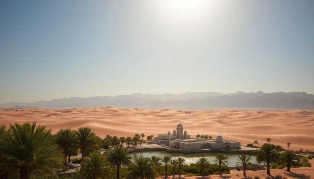 a sweeping desert landscape under a clear, azure sky, with a picturesque oasis of lush palm trees and a tranquil lagoon in the foreground, reflecting the warm, golden light of the sun; in the middle ground, a traditional Emirati village with whitewashed buildings and ornate domes, surrounded by rolling sand dunes; in the background, the majestic silhouettes of the Hajar Mountains, their peaks bathed in a soft, hazy glow; the scene exudes a sense of timeless serenity and the rich cultural heritage of the United Arab Emirates, inviting the viewer to explore and experience the country's captivating natural beauty and ancient traditions.