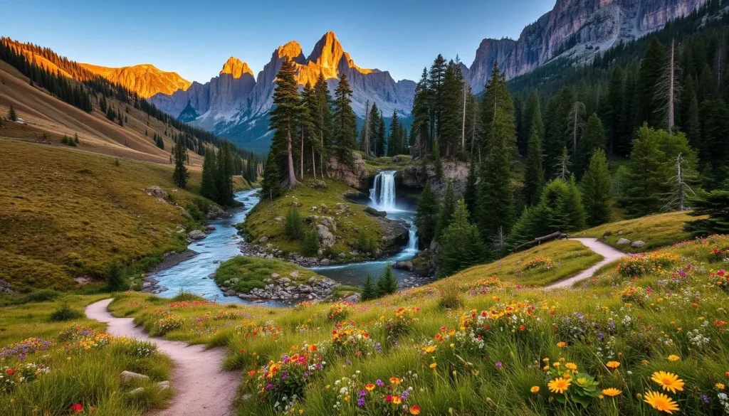 a tranquil landscape with rolling hills, lush forests, and a winding river cutting through the scene. In the foreground, a well-maintained hiking trail leads through a meadow filled with vibrant wildflowers. The middle ground features a picturesque waterfall cascading over moss-covered rocks, surrounded by towering pine trees. In the background, jagged cliffs rise up, their peaks bathed in warm, golden sunlight. The overall atmosphere is one of serene natural beauty, inviting visitors to immerse themselves in the wonder of the great outdoors. a tranquil landscape with rolling hills, lush forests, and a winding river cutting through the scene. In the foreground, a well-maintained hiking trail leads through a meadow filled with vibrant wildflowers. The middle ground features a picturesque waterfall cascading over moss-covered rocks, surrounded by towering pine trees. In the background, jagged cliffs rise up, their peaks bathed in warm, golden sunlight. The overall atmosphere is one of serene natural beauty, inviting visitors to immerse themselves in the wonder of the great outdoors.