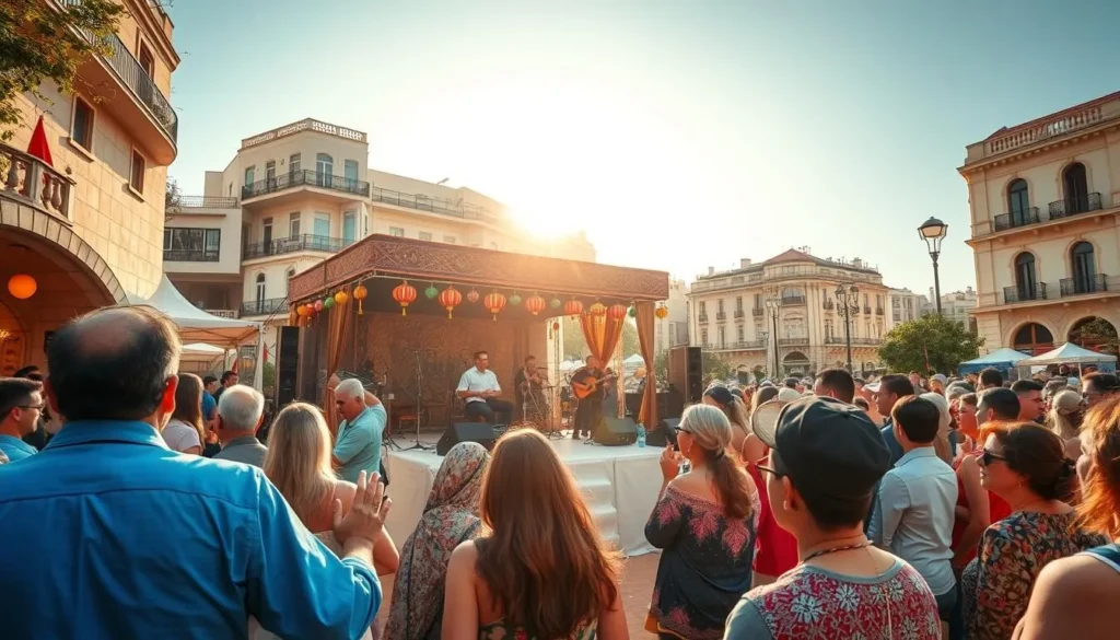 a vibrant scene of a traditional Lebanese music festival, set in the heart of Beirut. In the foreground, a lively crowd of locals and tourists sway to the rhythmic beats of oud, doumbek, and other traditional instruments. The middle ground features a stage adorned with intricate tapestries and colorful lanterns, where talented musicians perform Lebanese classics. In the background, the iconic architecture of Beirut's historic district provides a stunning backdrop, with the warm glow of the sun casting a warm, inviting atmosphere over the entire scene. The image should convey the rich cultural heritage and joyous celebration of Lebanese music and tradition.