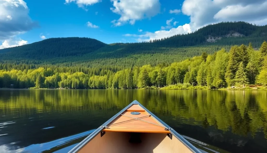 canoeing in Tampere on a serene lake surrounded by lush forests