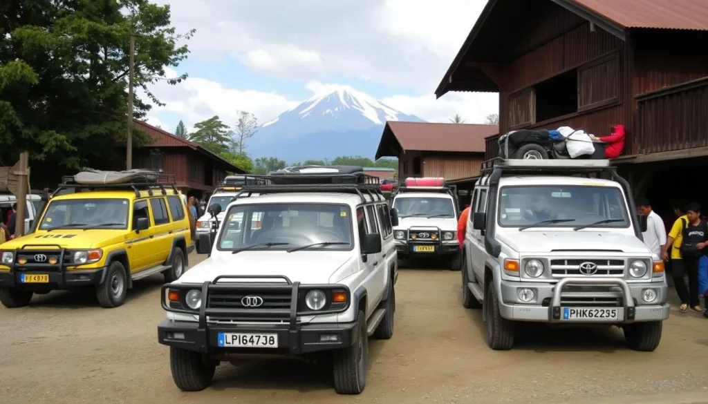 4WD jeeps parked at Ranupani Village with Mount Semeru visible in the background