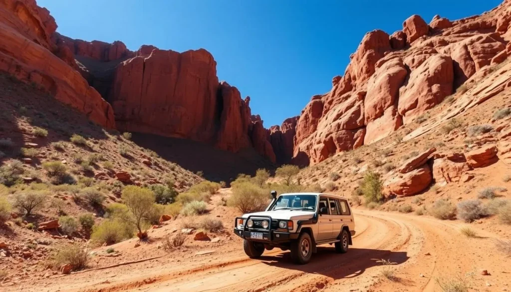 4WD tour vehicle traversing the rugged terrain of Brachina Gorge in Flinders Ranges National Park