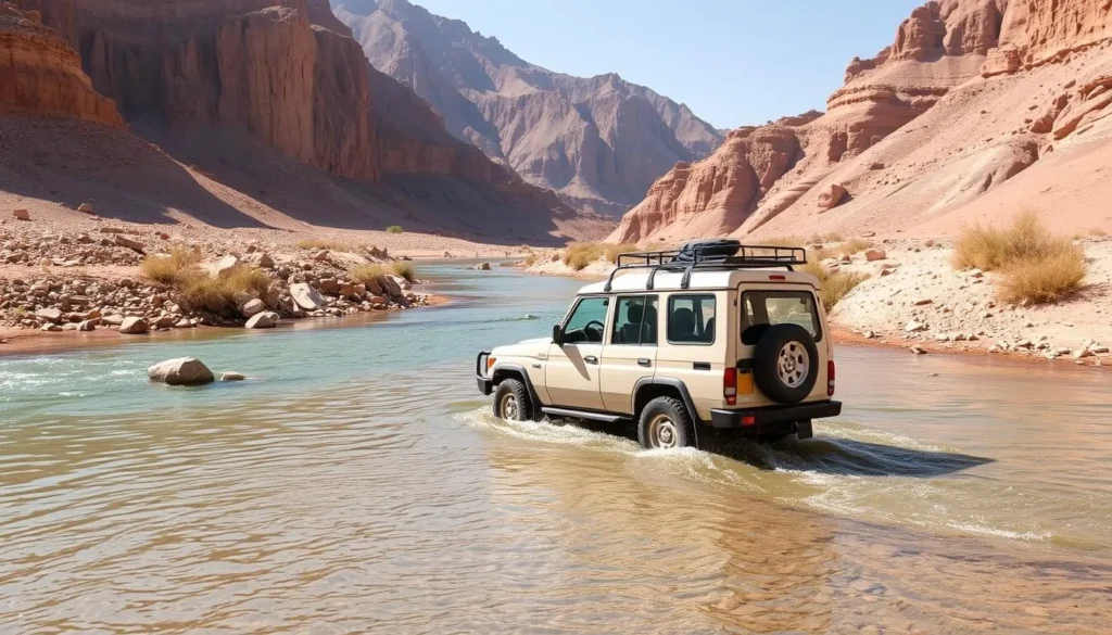 4WD vehicle crossing a shallow wadi stream with mountains in the background