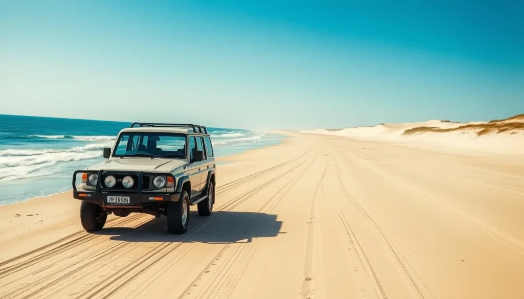 4WD vehicle driving on Moreton Island Queensland beach with sand tracks visible