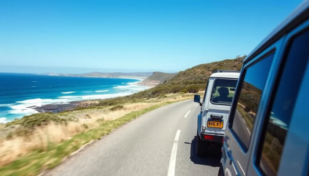 4WD vehicle driving on a coastal road on Kangaroo Island with ocean views