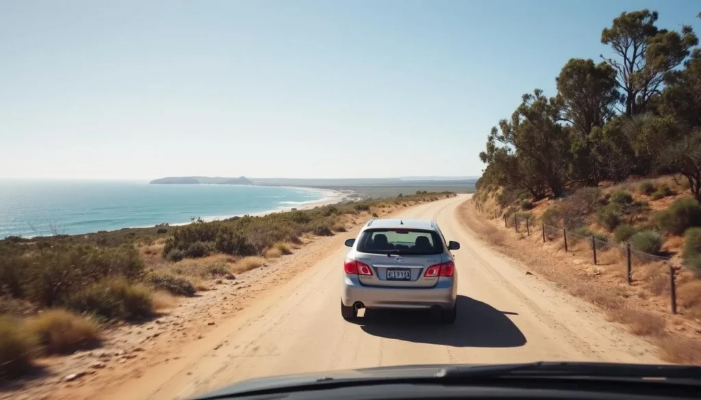 4WD vehicle driving on a dirt road in Innes National Park with coastal scenery