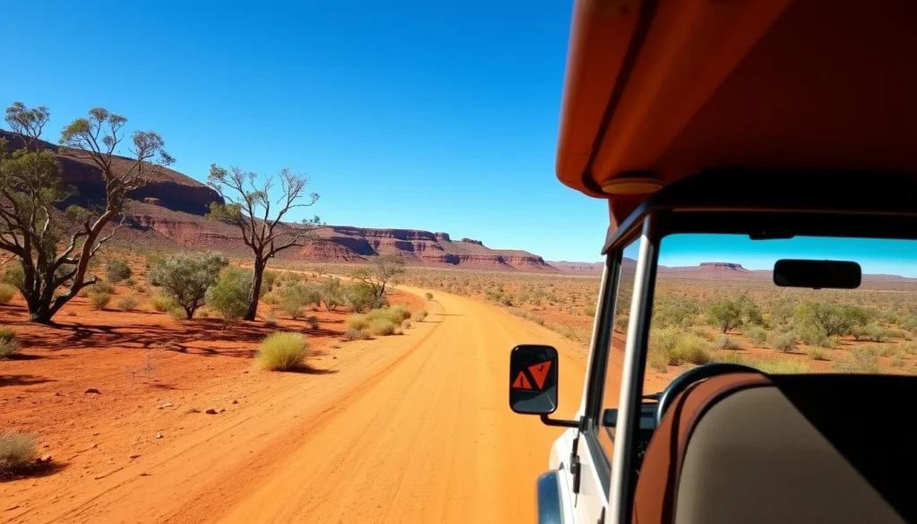 4WD vehicle driving on red dirt road through Queensland outback toward Lawn Hill Gorge