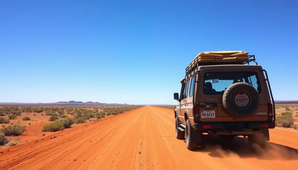 4WD vehicle driving on the famous Birdsville Track with red desert landscape in Birdsville, Queensland 4WD vehicle driving on the famous Birdsville Track with red desert landscape in Birdsville, Queensland