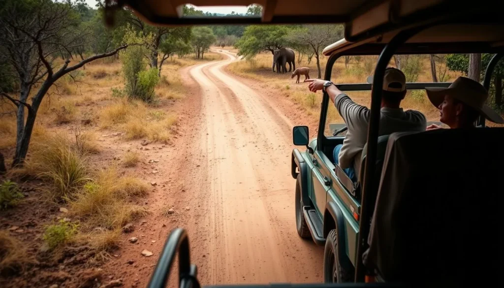 4WD vehicle driving through a savanna trail in Wasur National Park with a local guide