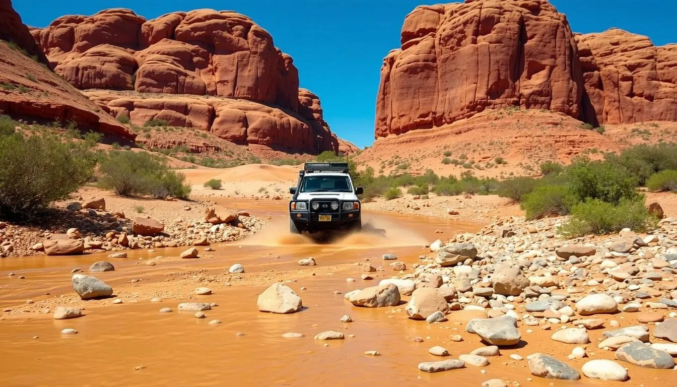4WD vehicle driving through the Finke River bed in Finke Gorge National Park