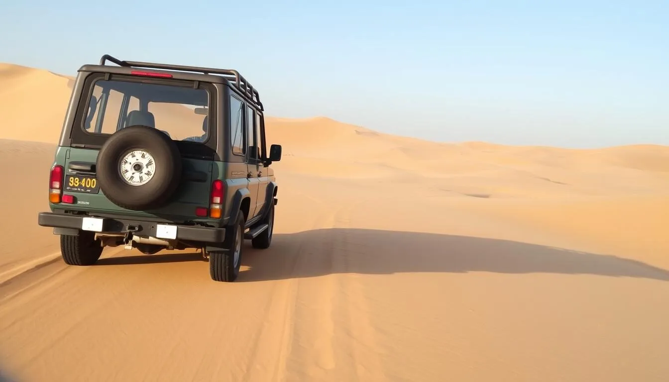 4WD vehicle driving through the golden dunes of Wahiba Sands, Oman