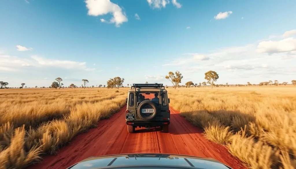 4WD vehicle on dirt road entering Lakefield National Park Queensland