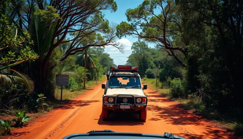 4WD vehicle on the Central Arnhem Road with red dirt track and tropical vegetation in Nhulunbuy, Northern Territory