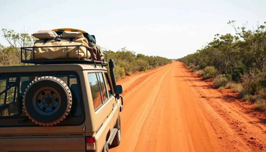 4WD vehicle packed with camping supplies on remote Arnhem Land road