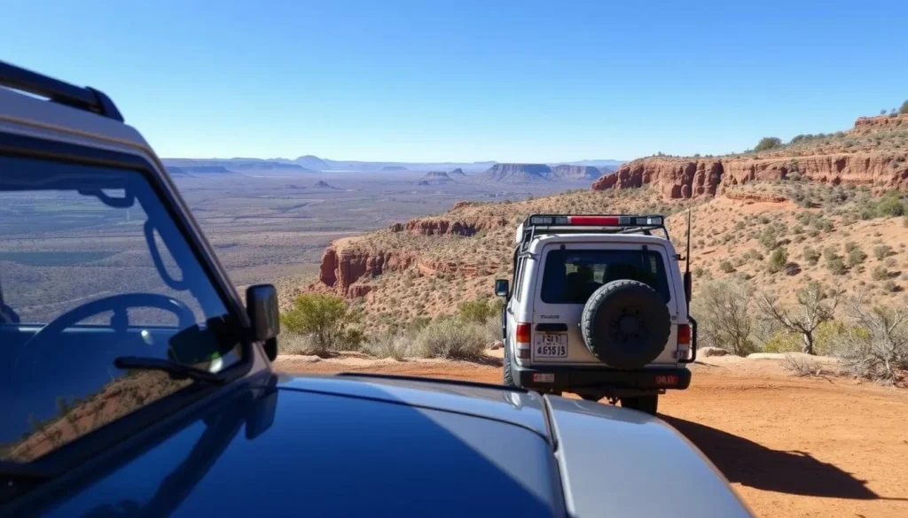 4WD vehicle parked at a lookout point in the Macdonnell Ranges with expansive views